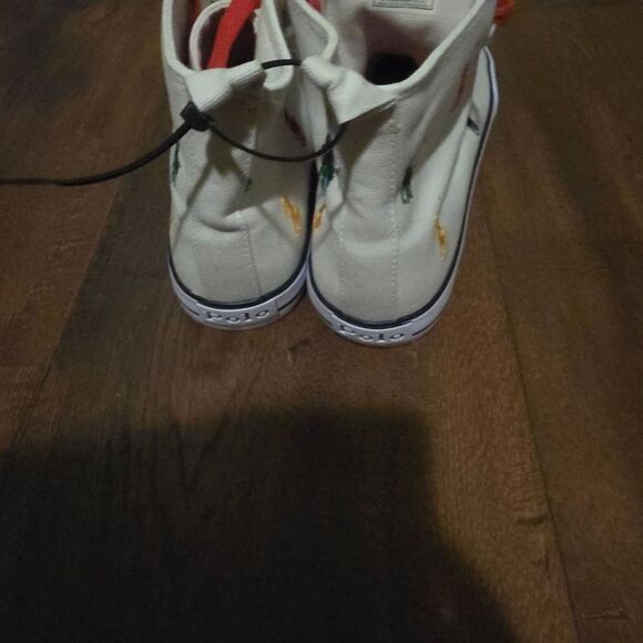 NWT-Polo Ralph Lauren White High-Top Sneakers with Multicolor Embroidery - Picture 5 of 16